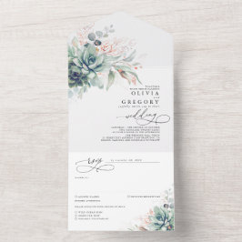 Succulents Greenery und Rose Gold Blätter Hochzeit All In One Einladung