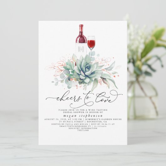 Succulents Greenery Weinverkostung Brautparty Inv Einladung (Stehend Vorderseite)