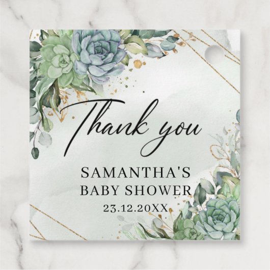 Succulents grüne goldene Babydusche Lieblingsplatt Geschenkanhänger (Rückseite)