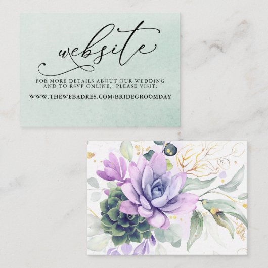 Succulents Lila Greenerity Wedding Website Card Visitenkarte (Vorne/Hinten)