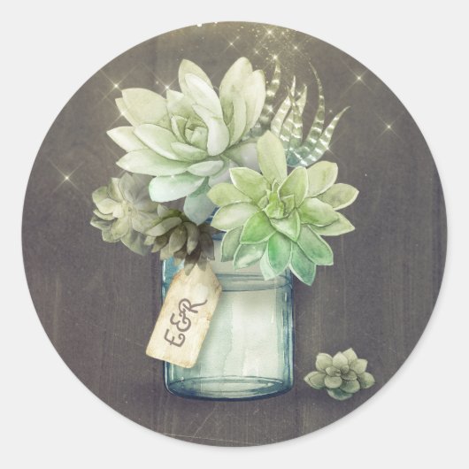 Succulents Mason Jar Rustic Wedding Initialen Runder Aufkleber (Vorderseite)