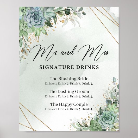 Succulents Mr and Mrs signature drinks sign Poster (Vorne)