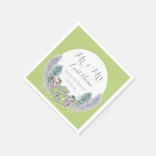 Succulents Peacock Feathers Wedding Paper Napkins Serviette (Ecke)