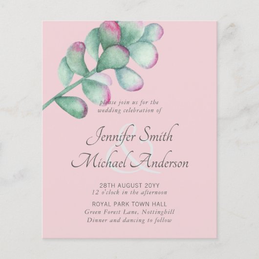 Succulents Pink Blush Mint Green Budget Hochzeit (Vorderseite)