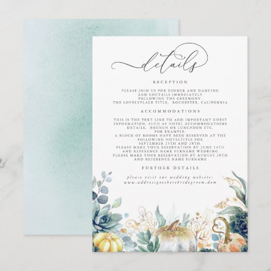 Succulents Pumpkins Gold Blätter Wedding Details E Begleitkarte (Vorne/Hinten)
