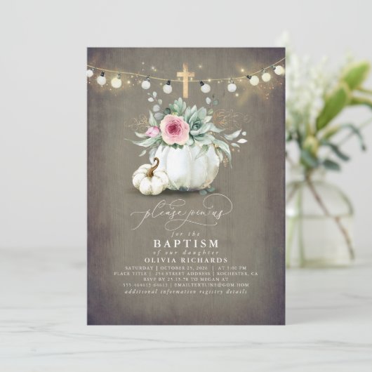 Succulents Pumpkins Gold Cross Fall Pink Taufe Einladung (Stehend Vorderseite)