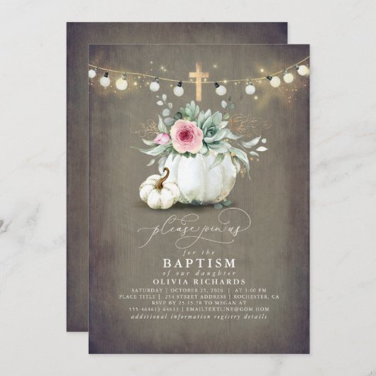 Succulents Pumpkins Gold Cross Fall Pink Taufe Einladung (Vorne/Hinten)