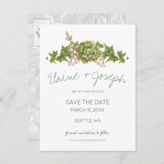 Succulents Rustikale Hochzeit speichern das Datum Ankündigungspostkarte (Vorne/Hinten)