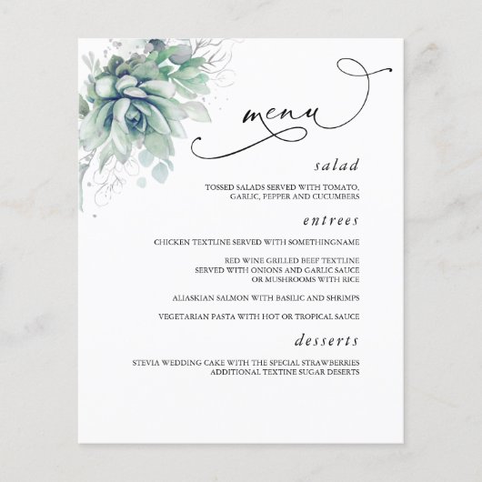 Succulents Silver Greenerity Wedding Menu Flyer (Vorne)
