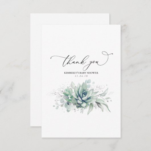 Succulents Silver Greenery Baby Shower Vielen Dank Dankeskarte (Vorne/Hinten)