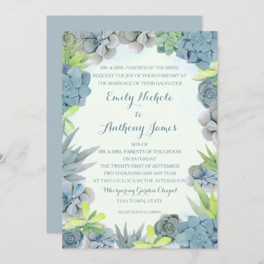 Succulents Smokey Blue Wedding Watercolor Einladung (Vorne/Hinten)
