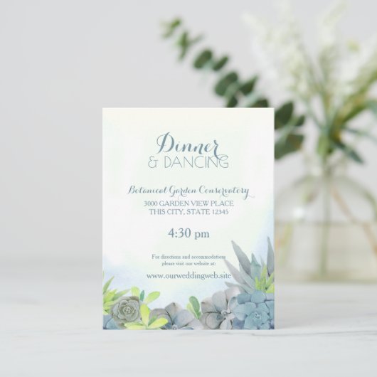 Succulents Steel Blue Wedding Water Begleitkarte (Stehend Vorderseite)