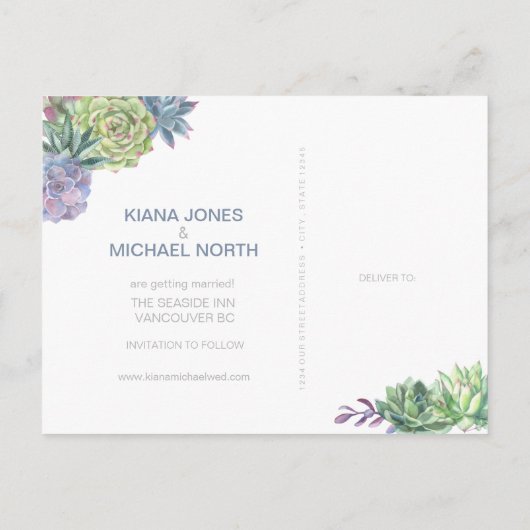 Succulents und Sparkle Save the Date Blue ID515 Ankündigungspostkarte (Rückseite)