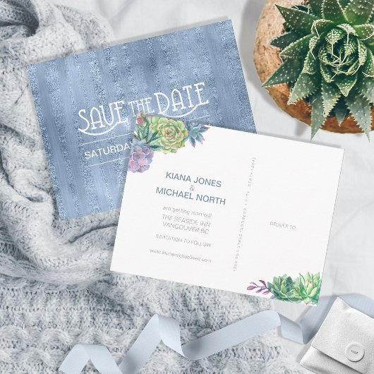 Succulents und Sparkle Save the Date Blue ID515 Ankündigungspostkarte