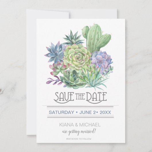Succulents und Sparkle Save the Date Blue ID515 Einladung (Vorderseite)