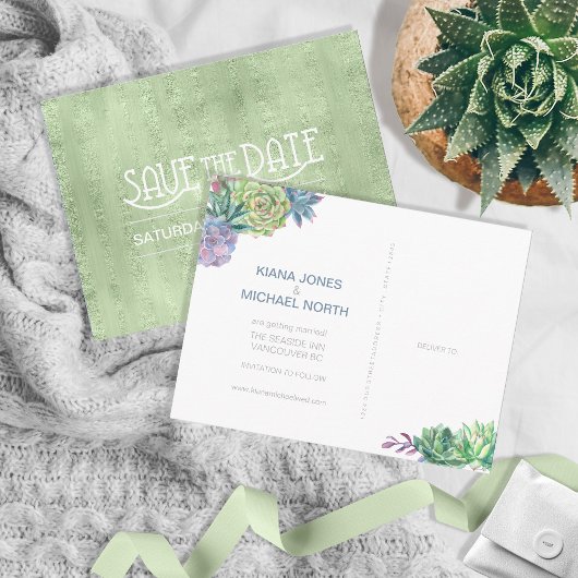 Succulents und Sparkle Save the Date Green ID515 Ankündigungspostkarte