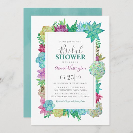 Succulentshelles Watercolor-Blumen-Brautparty Einladung (Vorne/Hinten)