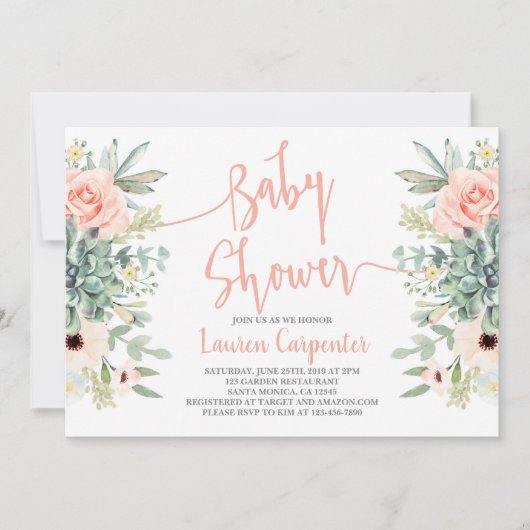 Succules Baby Dusche Mädchen Einladung (Vorderseite)