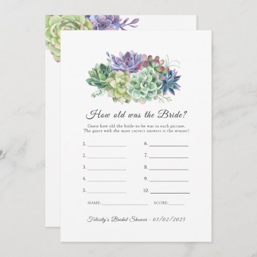 Succules Brautparty Game Einladung (Vorne/Hinten)
