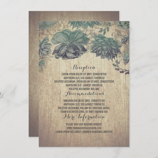Succules rustic Wood Wedding Details Begleitkarte (Vorne/Hinten)
