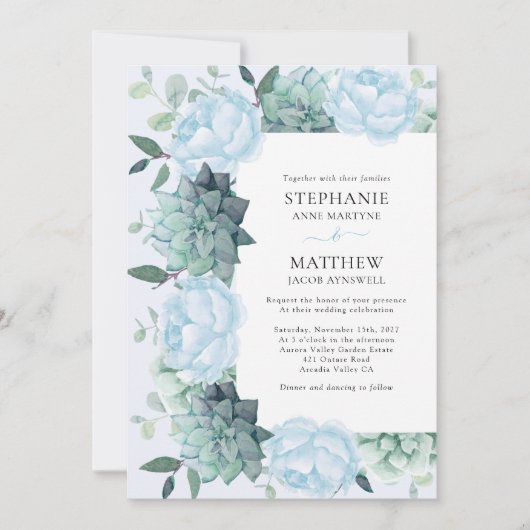 Succulous Peony Eucalyptus Dusty Blue Wedding Einladung (Vorderseite)