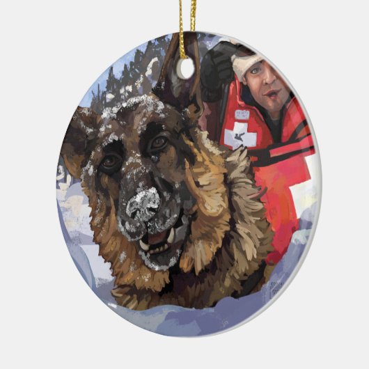 Suche und Rettung deutscher Schafe im Schnee Keramikornament (Links)