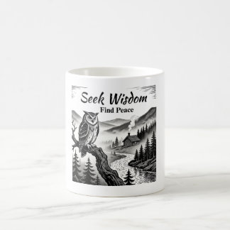 Suche Weisheit Eulenwald Holzschnittkunst Kaffeetasse