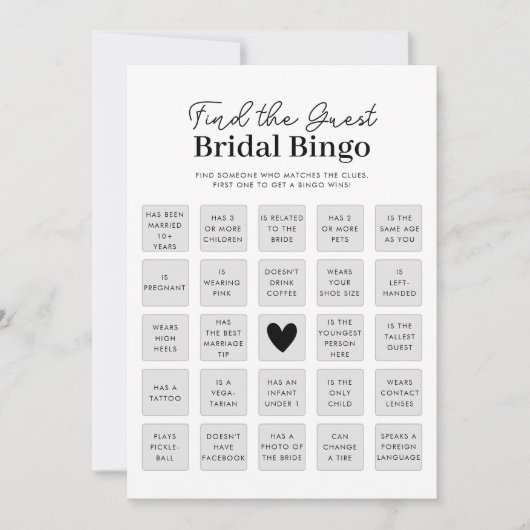 Suchen Sie die Bingo Game Card des Guest Brautpart Einladung (Vorderseite)