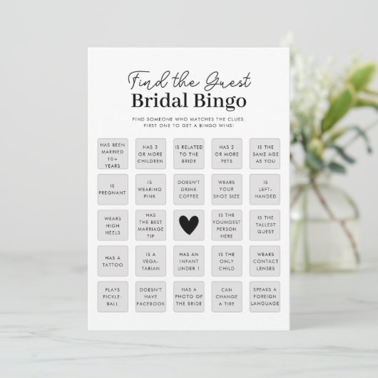 Suchen Sie die Bingo Game Card des Guest Brautpart Einladung (Stehend Vorderseite)