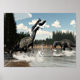 Suchomimus dinosaurs fishing fish and shark poster
