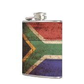 Südafrika-Flagge auf altem hölzernem Korn Flachmann (Links)