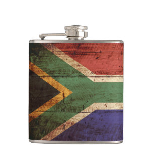 Südafrika-Flagge auf altem Holzmaserung Flachmann