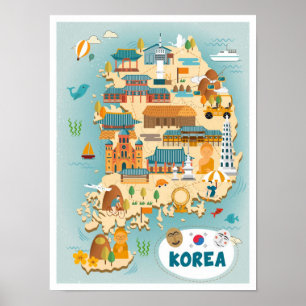 Südkorea-Kartenkunst Vintage-Reiseillustration Poster