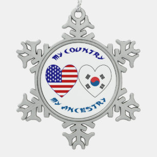 Südkorea und USA Mein Land Mein Herkunftsland  Schneeflocken Zinn-Ornament