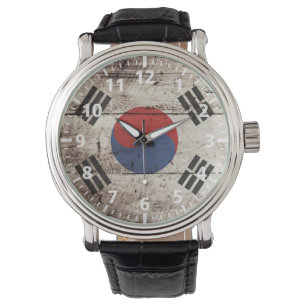 Südkoreanische Flagge für altes Holzkörnchen Armbanduhr