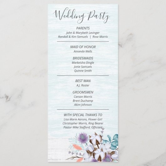 Südliche Baumwolle Boll Rustic Wood Wedding Programm (Rückseite)