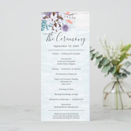 Südliche Baumwolle Boll Rustic Wood Wedding Programm (Stehend Vorderseite)