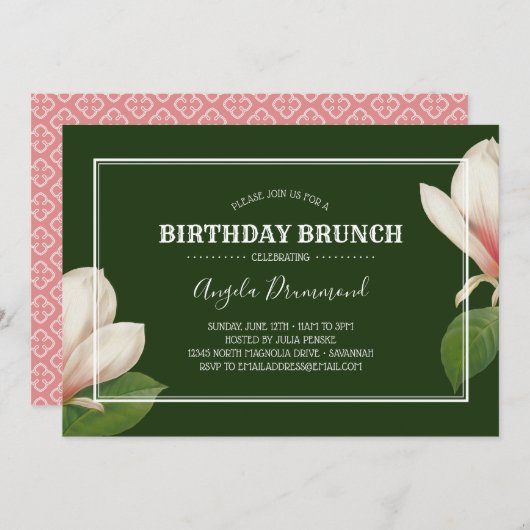 Südliches Magnolien Geburtstag Brunch Grün Einladung (Vorne/Hinten)