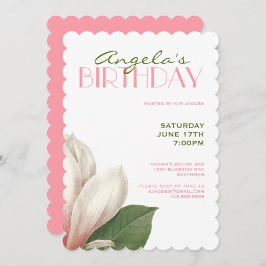 SüdMagnolien Geburtstag| Rosa grünes Weiß Einladung (Vorne/Hinten)