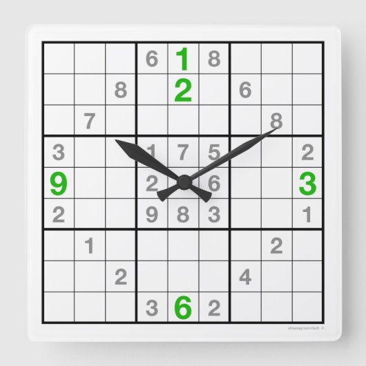 Sudoku Clock with downloadable puzzle (green) Quadratische Wanduhr (Vorderseite)