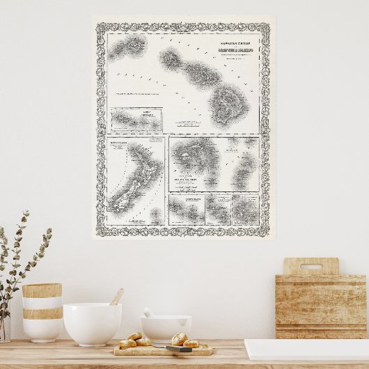 SÜDPAZIFIK- UND HAWAII-INSELN MAP 1855 POSTER (Küche)