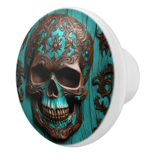 Südturquoise Día de Muertos Sugar Skull Keramikknauf
