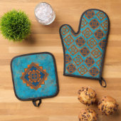 Südwest-Berggipfel Türkisblau geometrisch Ofenhandschuh & Topflappen-Set (Oben Unten)