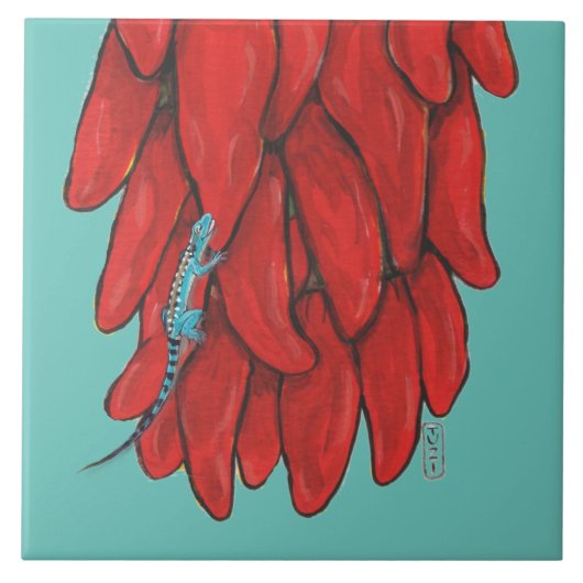 Südwest Blue Lizard Red Chile Pepper Mural Fliese (Vorderseite)
