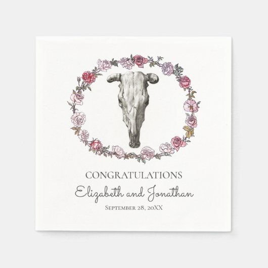 Südwest Boho Hochzeitkuhschädel & Rose Blume Serviette (Vorderseite)