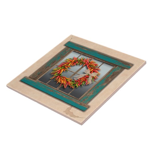 Südwest Chile Kranz auf Rustic Blue Wood Window Fliese (Seite)