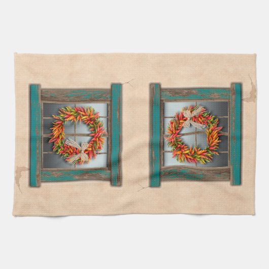 Südwest Chile Kranz auf Rustic Blue Wood Window Geschirrtuch (Horizontal)