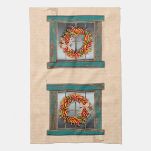 Südwest Chile Kranz auf Rustic Blue Wood Window Geschirrtuch (Vertikal)
