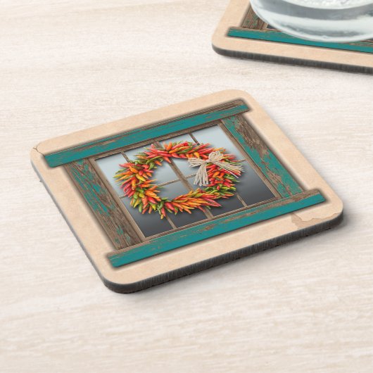 Südwest Chile Kranz auf Rustic Blue Wood Window Getränkeuntersetzer (Linke Seite)