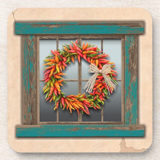 Südwest Chile Kranz auf Rustic Blue Wood Window Getränkeuntersetzer (Vorderseite)
